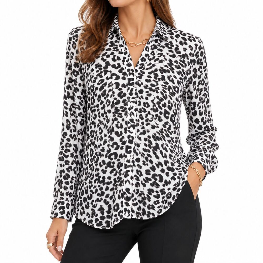 Talbots Womens Shirt L Leopard Animal Print Button Up Roll Tab Blouse Top NWT